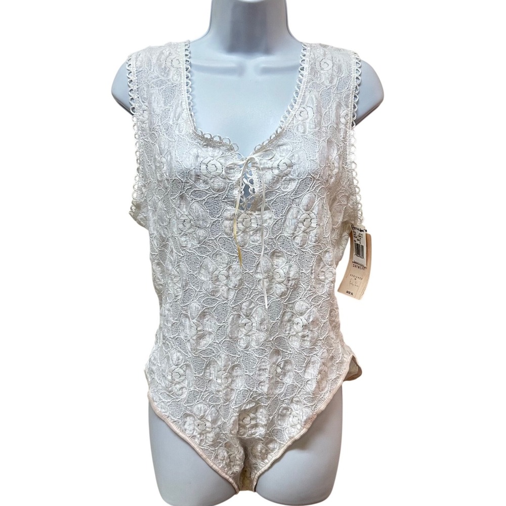 Cinema Etoile Vintage White Floral Lace Up Tank Bodysuit XL Made in USA 647169